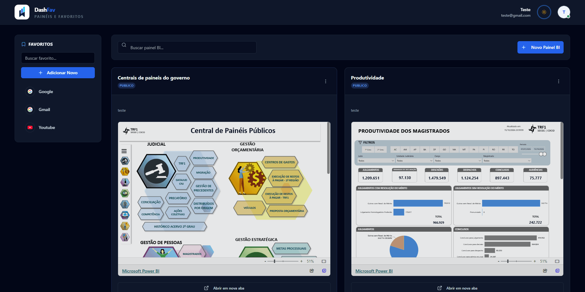 Interface do projeto DashFav — Painéis e Favoritos