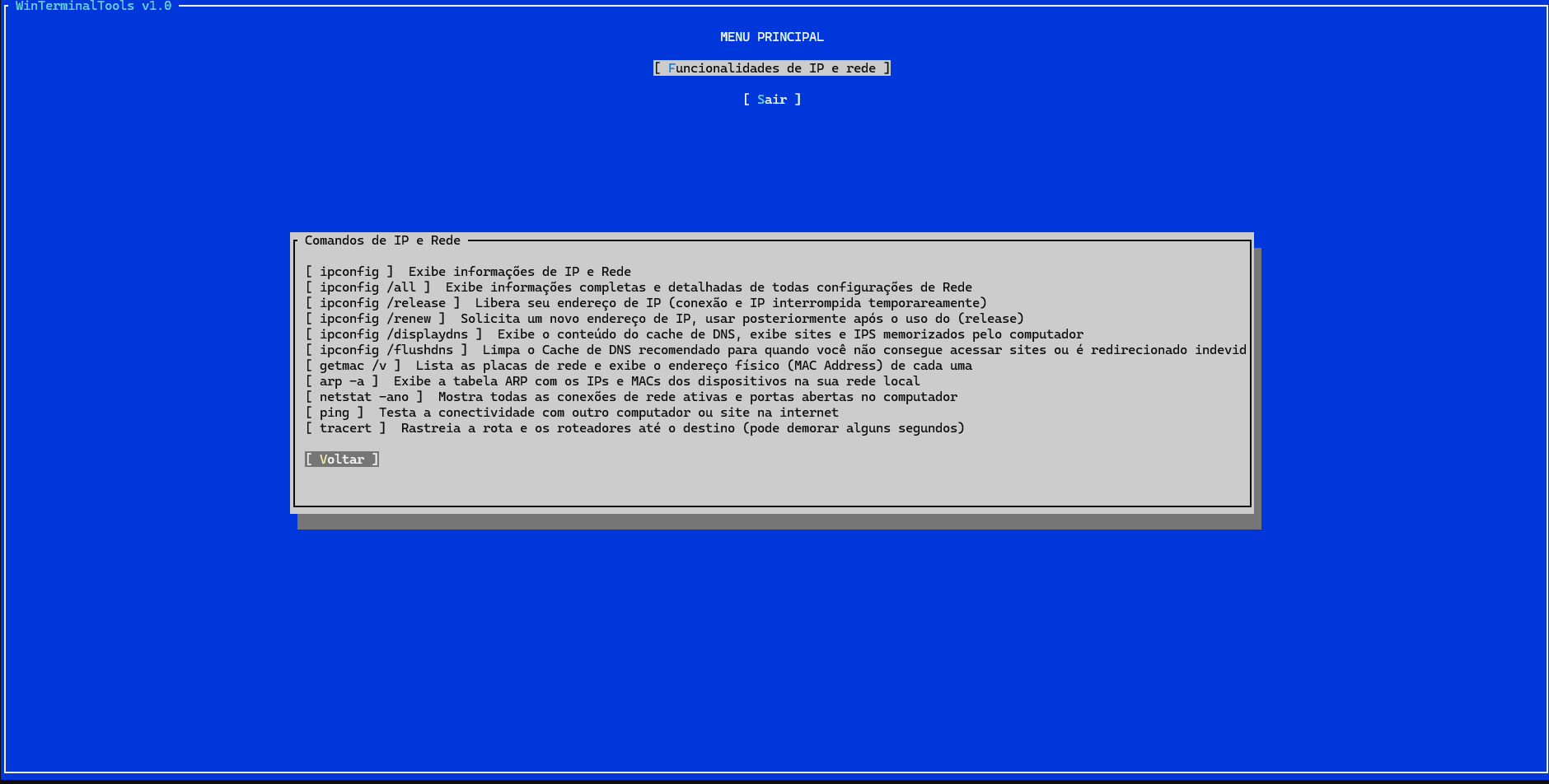 Tela do WinTerminalTools com o menu de comandos de IP e rede